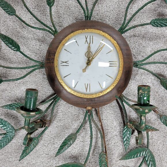 Vintage Wall Clock Light 29" Gold Green Brass Mid Century Leaf Vine Metal Tested - Picture 7 of 16